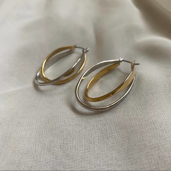VTG Silver Gold Twist Oval Double Hoop Earrings - Picture 2 of 5